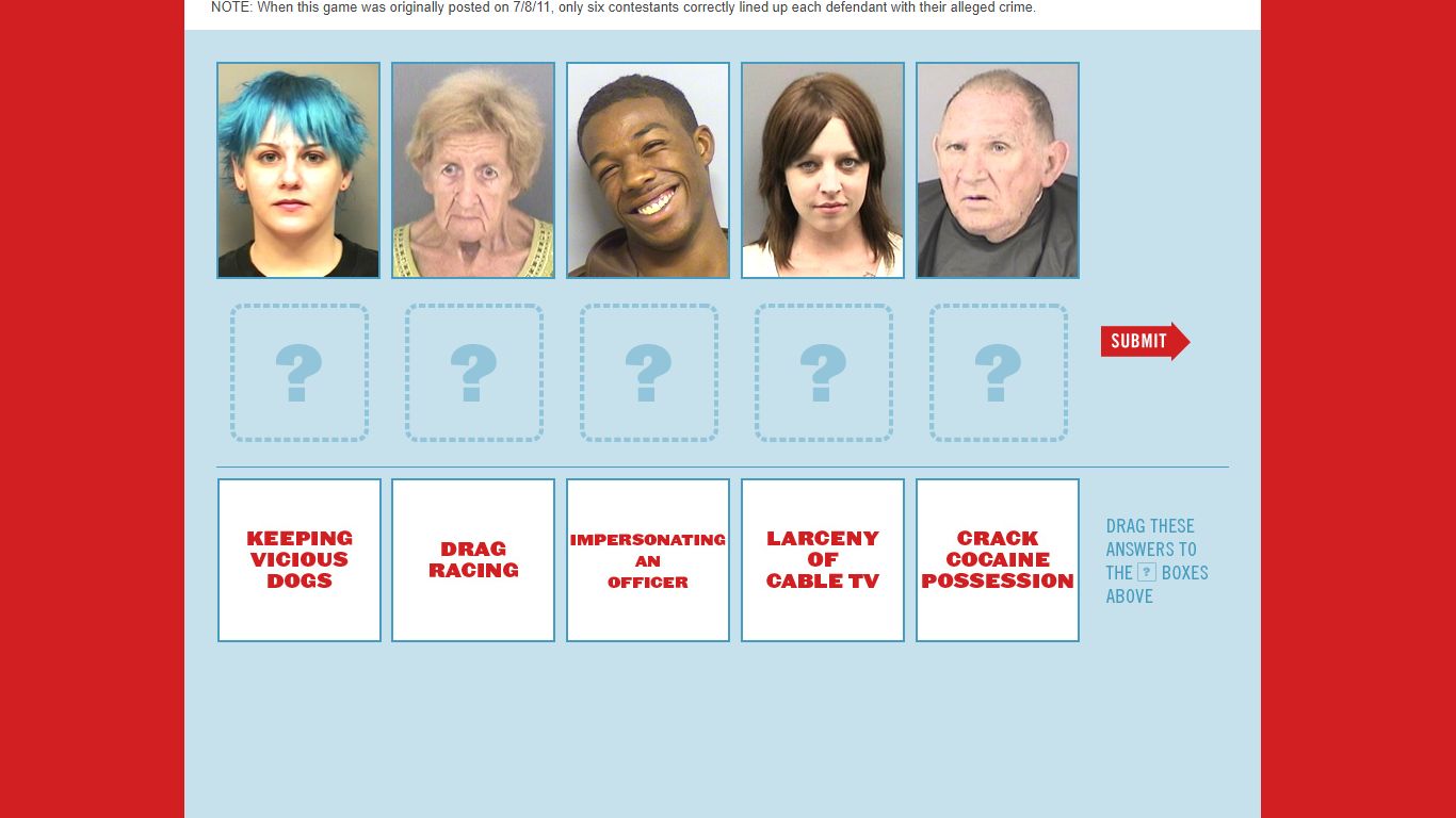 Match the arrestee with their alleged crime. | The Smoking Gun